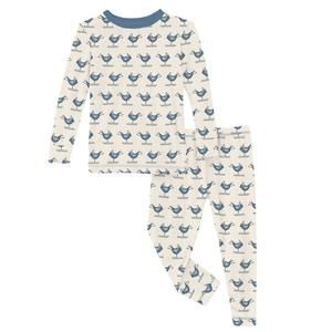 NEW KICKEE kid's bamboo print long sleeve pajama set in natural ski birds